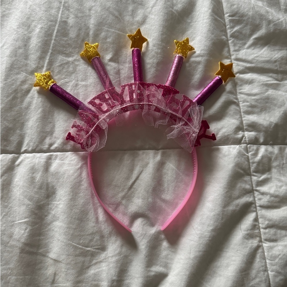 Happy Birthday Candle Headband Pink Glitter Stars Tinsel Party Favor Crown
